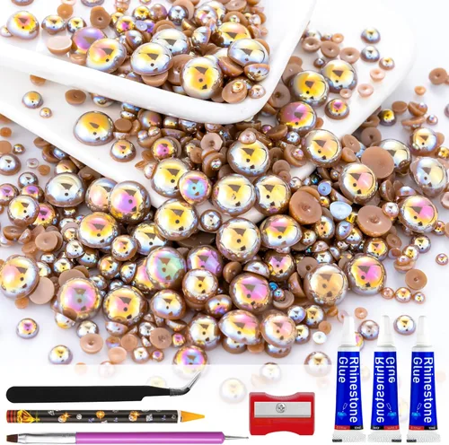 Miniatura 11 de 60g de Perlas Acuamarina Dorada con Diamantes de Imitación para Manualidades Tamaño Mixto 3mm-10mm Color AB Redondas Perlas Medias Planas Conjunto