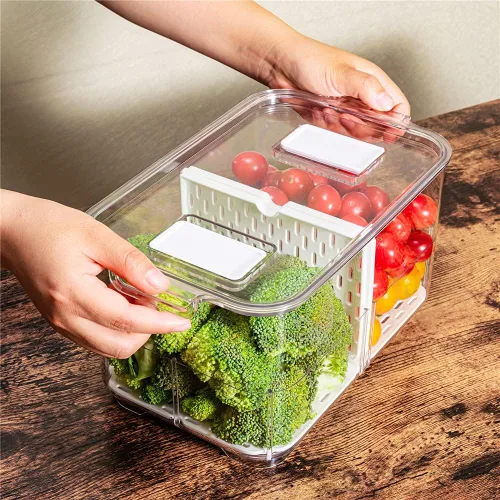 Miniatura 2 de Slideep Contenedores grandes de almacenamiento de alimentos de 11 pulgadas, organizador de refrigerador apilable de 2 niveles con tapas y bandeja