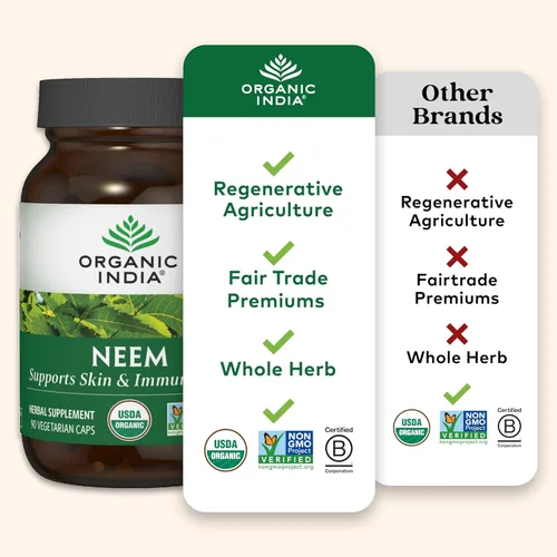Miniatura 6 de Organic India Cápsulas de Hoja de Neem - Suplemento Herbal, Apoya la Salud de la Piel y del Sistema Inmunológico, Vegano, Sin Gluten, Certificado