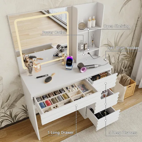 Miniatura 3 de Escritorio estriado con espejo y luces HD, mesa de tocador de maquillaje de madera con 4 cajones y estantes abiertos, juego de tocador de mediados