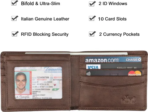 Miniatura 66 de HIMI - Cartera elegante de cuero auténtico para hombre, con bloqueo de interferencia de radiofrecuencia (RFID), con 2 ventanas para identificación