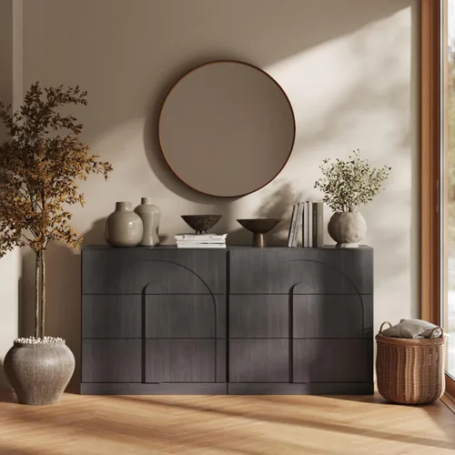Miniatura 28 de BELLEZE Aparador Modular Acanalado Buffet con Almacenamiento, Mesa Consola Moderna de Mediados de Siglo con Puertas Arqueadas Simétricas, Elegante