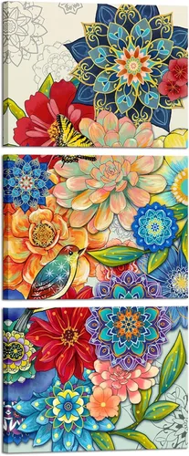 iKNOW FOTO Lienzo con diseño de mandala para pared, 3 paneles, diseño vintage de flores primaverales, listas para colgar, pinturas bohemias para