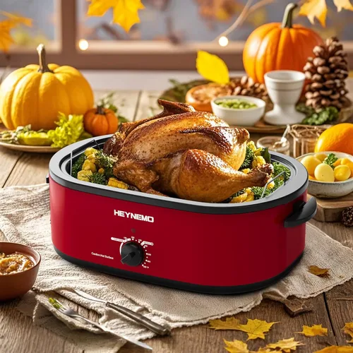 Miniatura 8 de Horno eléctrico, rostizador con tapa de autohumectado, para pavo, con descongelado y mantenimiento de calor, temperatura ajustable, bandeja y Rojo