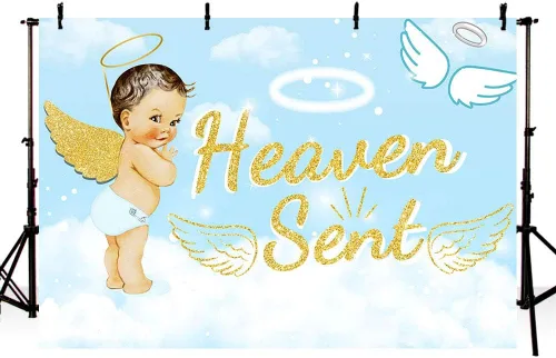 Bonito telón de fondo para fiesta de baby shower, de 7 x 5 pies, cielo azul claro, nube blanca, ángel dorado, decoración de alas doradas, regalo de
