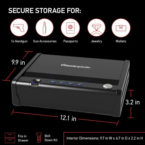 Miniatura 7 de SentrySafe Caja fuerte biométrica para pistolas o pistoleta, caja de seguridad con huellas dactilares y luz interior, capacidad para 1 pistola