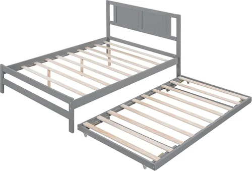 Miniatura 9 de Harper & Bright Designs Base de cama de tamaño matrimonial con nido ajustable, cama de plataforma matrimonial de madera con cabecero, marco de cama