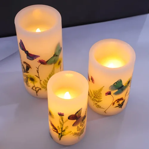 Miniatura 9 de Vela LED sin llama de 3.25 pulgadas de diámetro x 6 pulgadas de alto, vela parpadeante de mariposa de cera real, funciona con pilas con función
