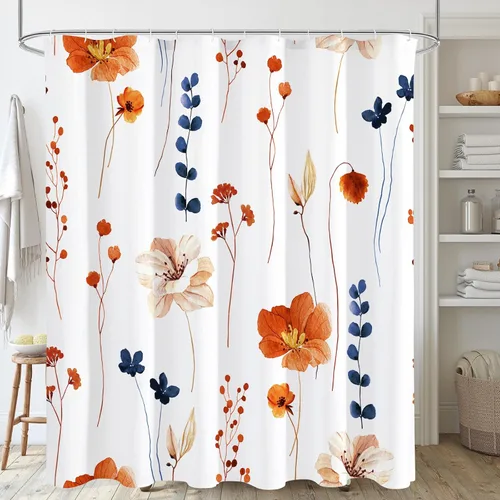 Gibelle Cortina de ducha con estampado floral de acuarela, cortina de ducha retro naranja azul marino para baño, juego de cortina de ducha moderna