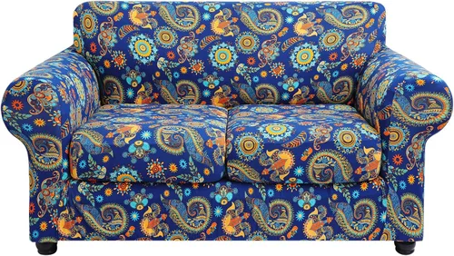 Miniatura 9 de hyha Funda para sofá, diseño floral, elástica, estampada, 4 piezas, fundas para sofá de 3 cojines separados, protector de muebles lavable para Azul