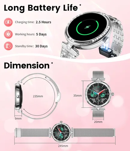 Miniatura 8 de LIGE Relojes inteligentes para mujer (respuestahacer llamadas) con diamantes, reloj inteligente AMOLED de 1.19 pulgadas con monitor de frecuencia