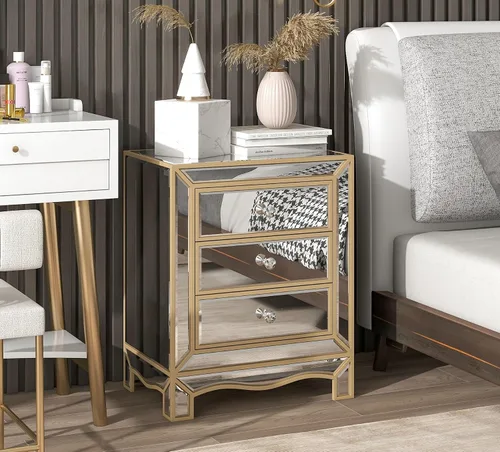 Miniatura 7 de Henf Elegante mesita de noche de espejo con borde dorado plateado con 3 cajones, mesa de acento de espejo con perilla de cristal, mesa auxiliar
