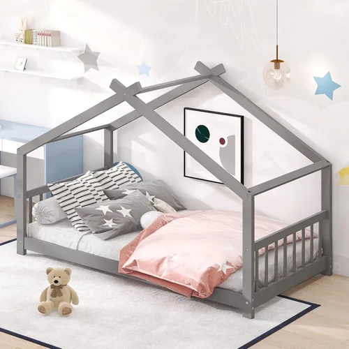 Miniatura 12 de Bellemave Cama Casa Tamaño Twin con 2 Cajones de Almacenamiento Cama Casa Montessori de Madera para Niños Marco de Cama de Madera Casa de Juegos Gris