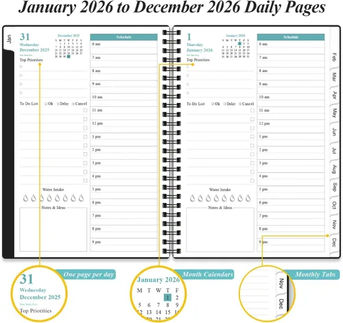 Miniatura 4 de Agenda diaria 2026 página completa por día, agenda diaria y mensual 2026 de enero de 2026 a diciembre de 2026, con pestañas de 12 meses, 6.4 x 8.5