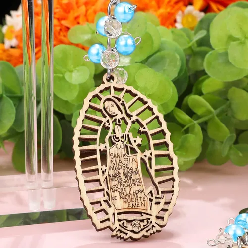Miniatura 5 de Hicarer Llavero de bautismo cristiano, 18 unidades, perlas de recuerdos de bautizo, llavero de madera con bolsas de organza para bautismo