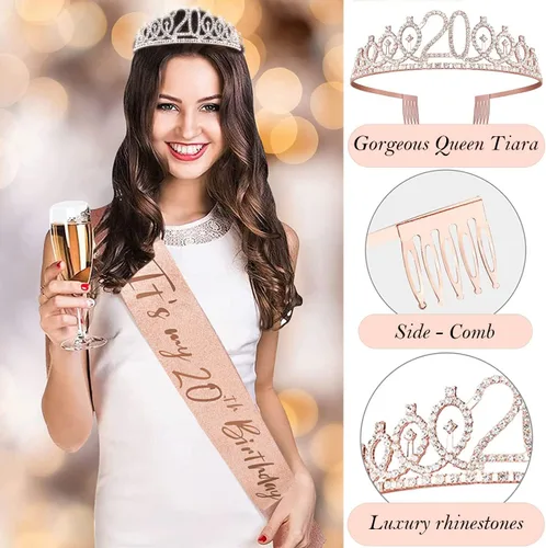 Miniatura 4 de Decoraciones de cumpleaños número 20 para mujer, banda y corona de cumpleaños, decoración de pastel y velas, globos de números, regalos de 20