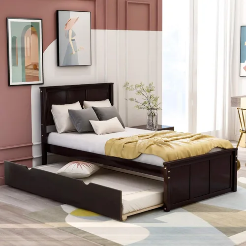 P PURLOVE Cama de plataforma de tamaño individual con nido, marco de cama nido de madera con cabecera y soporte de listones, no necesita somier,