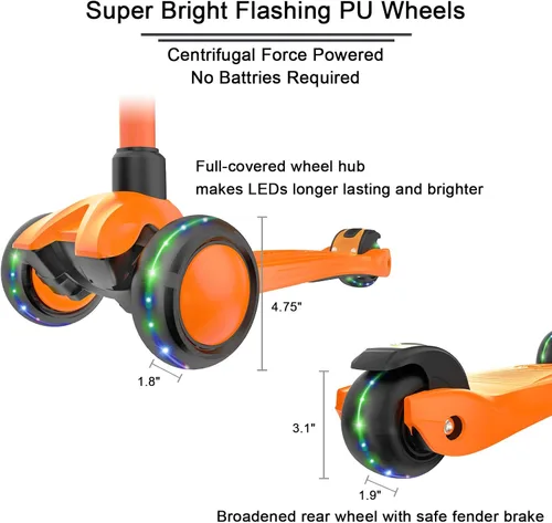 Miniatura 4 de Allek - Kick Scooter B03. Monopatín de 3 ruedas de Poliuretano iluminadas, extra anchas con sistema inclinable y deslizante (Lean 'N Glide), Naranja