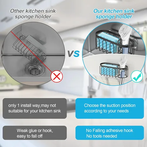 Miniatura 3 de Soporte de esponja 2 en 1 para fregadero de cocina, organizador de fregadero de cocina con 3 ventosas, soporte de esponja para fregadero a prueba