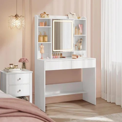 Miniatura 12 de VASAGLE Kailyn Collection - Escritorio de tocador con tomas de corriente y luces LED, mesa de maquillaje de 35.4 pulgadas de ancho con espejo, cajón