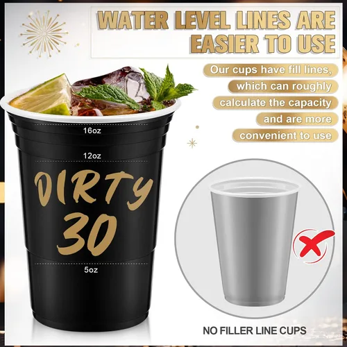 Miniatura 4 de Rtteri 48 piezas de vasos de cumpleaños para fiesta de 30 años sucios, vasos desechables de 16 oz, vaso de estadio negro dorado, sucio treinta, vaso