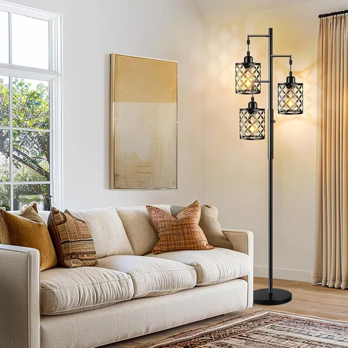 Miniatura 6 de Lámpara de pie regulable, lámpara de pie de granja con elegante jaula de metal, lámparas de pie industriales de árbol alto para sala de estar, Negro