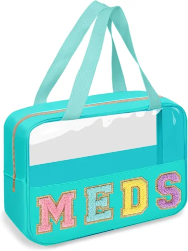 MEDS - Bolsa de maquillaje transparente con letras de chenilla, bolsa grande para medicamentos preparados, bolsa de viaje para medicamentos y