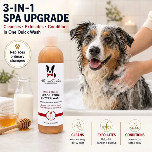 Miniatura 2 de Warren London Champú exfoliante para perros con mantequilla – leche y miel, 8 onzas Champú limpiador, acondicionador y exfoliante con cuentas