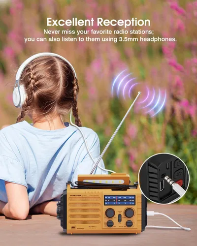 Miniatura 5 de Radio meteorológica de emergencia - Alerta NOAA, manivela solar y manual, alarma SOS, linterna y lámpara de lectura, radio de supervivencia portátil