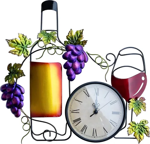 Reloj de pared de metal para cocina, decoración artística de pared grande de 16 pulgadas, reloj decorativo con botella, vidrio, uva falsa, funciona
