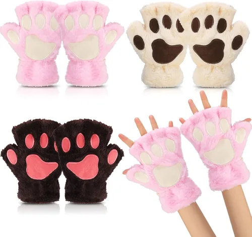 Guantes de pata de gato, 3 pares de guantes kawaii, patas de gato, cosplay, piel sintética, guantes de gato, patas de león, guantes sin dedos para
