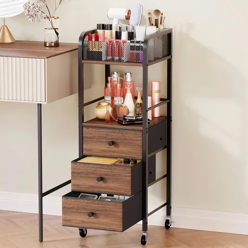 HapiRm Organizador de Carrito de Maquillaje Rodante - Almacenamiento de Maquillaje y Cuidado de la Piel de Piso con 3 Cajones de Tela No Tejida,