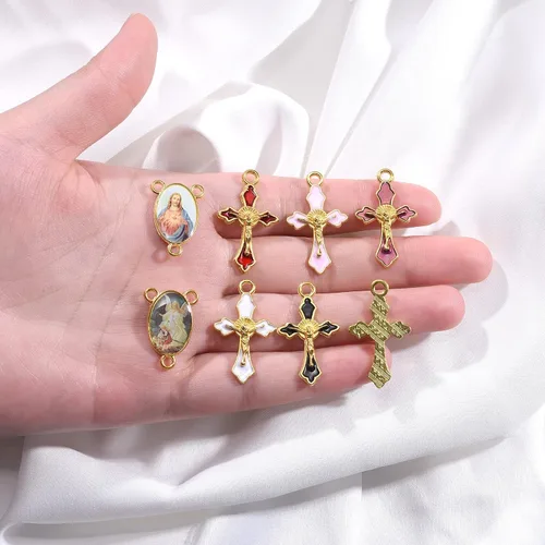 Miniatura 8 de 60 piezas/30 juegos de suministros para kits de fabricación de rosario, religion, cruz y medalla central, dijes de aleación, imagen de Jesús, Dorado