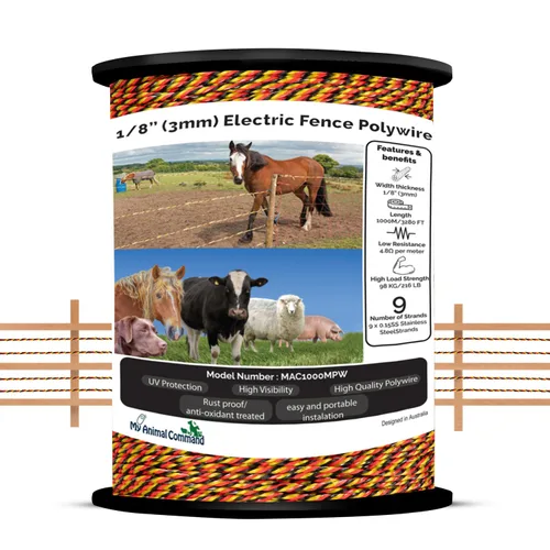 Valla eléctrica de alambre de polietileno de 1/8 pulgadas de grosor, 3280 pies/3,280.8 ft de longitud para contención de ganado, caballos, ciervos,