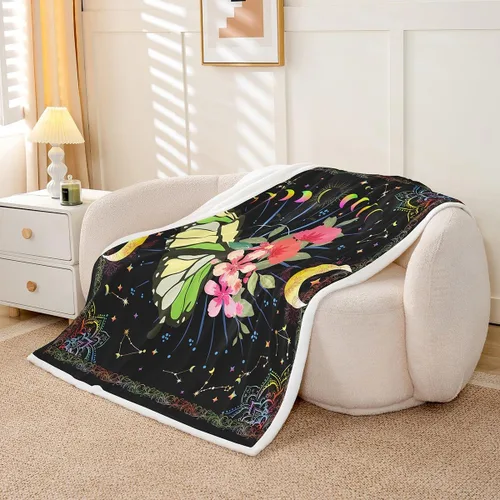 Miniatura 3 de Manfei Manta con diseño de mariposas, estilo bohemio, con mandala, para decoración de habitación de niños, niñas, adolescentes, manta de forro polar