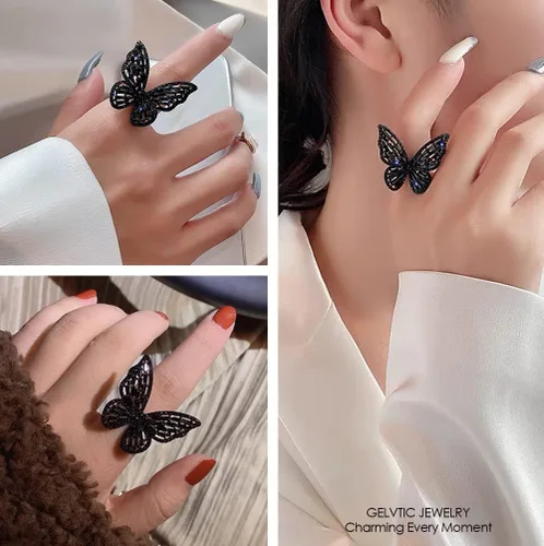 Miniatura 4 de Anillos de mariposa de diamantes de imitación para mujer, anillo de cóctel dorado ajustable, circonita cúbica, cristal brillante, lazo plateado