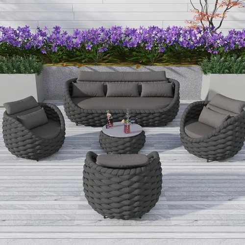 Miniatura 49 de TWT 3-Piece Woven Rope Patio Furniture Set, 2 Outdoor Armchairs with Soft Cushions + Round Aluminum Coffee Table, All-Weather Conversation Set for