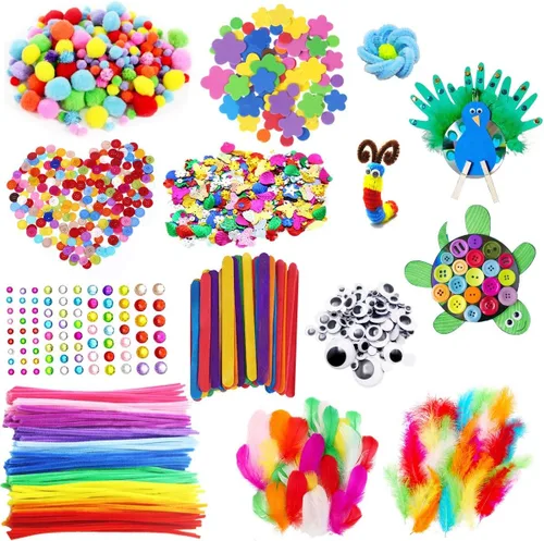 CH HAICHENG Suministros para artes y manualidades, incluyendo plumas, limpiapipas, ojos salteados, pompones, botones, palitos de helado,