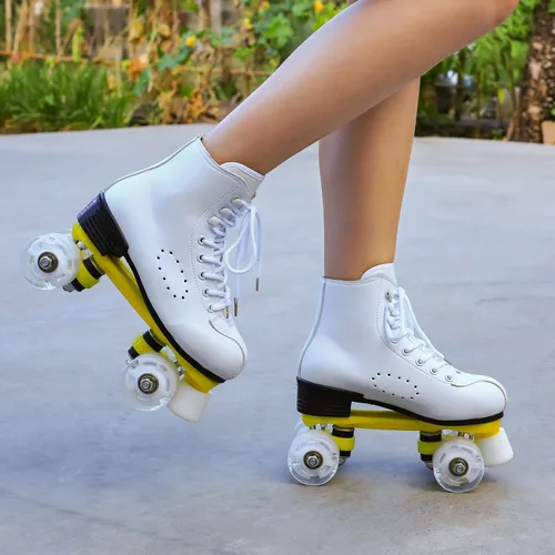 Miniatura 4 de Patines de ruedas para hombres y mujeres, patines Derby negros con 4 ruedas brillantes, patines clásicos de doble fila para interiores y exteriores