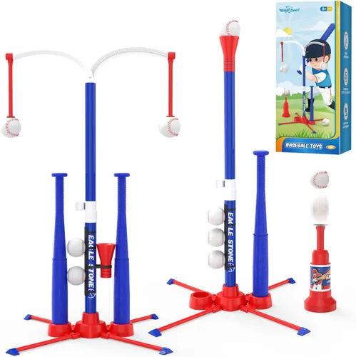 EagleStone Juego de Pelota T 3 en 1 para Niños Pequeños de 3-5 5-8, 2 Bates de Béisbol, Soporte de Altura Ajustable, Base de Bateo Tball, Lanzador