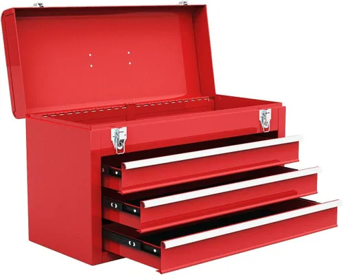 Giantex Caja de herramientas portátil de acero, caja de herramientas de 20.5 pulgadas con 3 cajones y bandeja de almacenamiento superior, baúl de