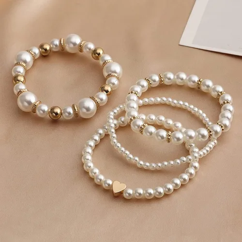 Miniatura 3 de Caiyao Temperament Fashion Imitated Pearl apilable capas pulseras declaración grande de perlas de imitación corazón brazalete blanco redondo perla