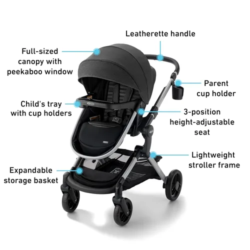Miniatura 7 de Graco Modes Nest DLX Sistema de viaje, Combo modular de carriola y asiento de auto para bebé 3 en 1, portabebés de asiento de auto para bebé Raven