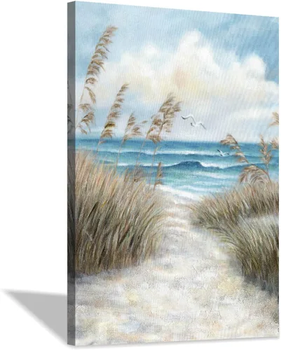 Miniatura 14 de Cuadro abstracto de playa para pared: camino de arena al océano con hierba marina pintura para dormitorio (16 x 12 x 1 panel)