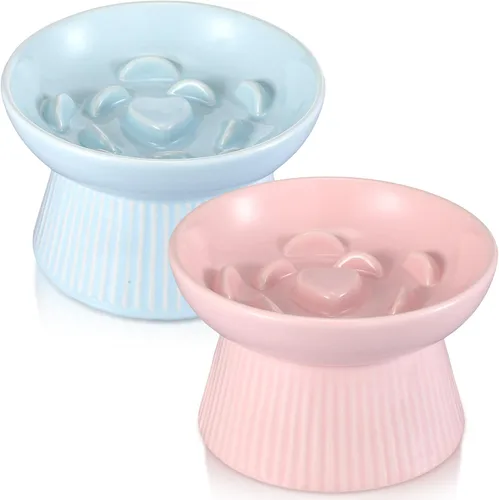 Layhit Paquete de 2 cuencos elevados de alimentación lenta para gatos, cuencos elevados de cerámica para comida para gatos, anti vómitos, comedero