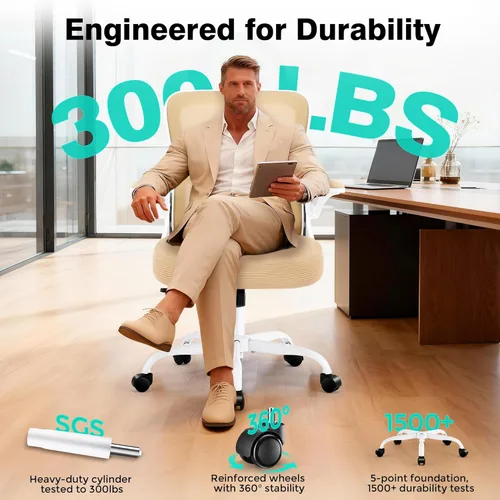 Miniatura 8 de AreShark Silla de oficina – Silla de escritorio ergonómica de malla transpirable con soporte lumbar ajustable y reposabrazos abatibles – Silla Caqui