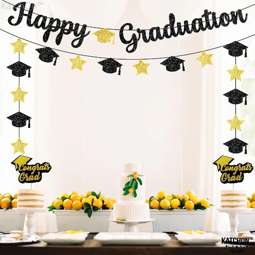 Miniatura 7 de KatchOn, Cartel de feliz graduación con purpurina, sin bricolaje, pre-encordado, decoraciones de graduación 2026, decoraciones de gorra