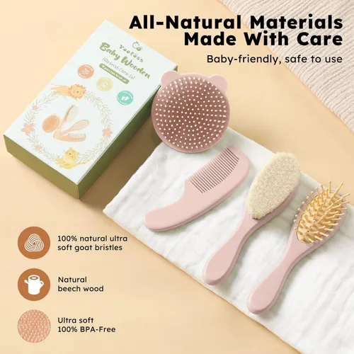 Miniatura 4 de Yoofoss Juego de 4 cepillos y peine para el pelo del bebé, cepillo de madera para el pelo del bebé con pelo de cabra ultra suave natural, juego
