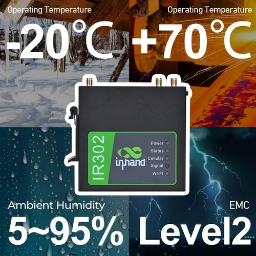 Miniatura 4 de InHand Networks IR302 Router industrial IoT LTE 4G VPN, LTE Cat 1+ Wi-Fi, ranuras para tarjetas SIM duales, gestión por plataforma en la nube