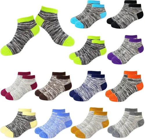 Jamegio Calcetines de tobillo atléticos 12 pares de calcetines para niños pequeños medio cojín calcetines de corte bajo para niños niñas de 2 a 8